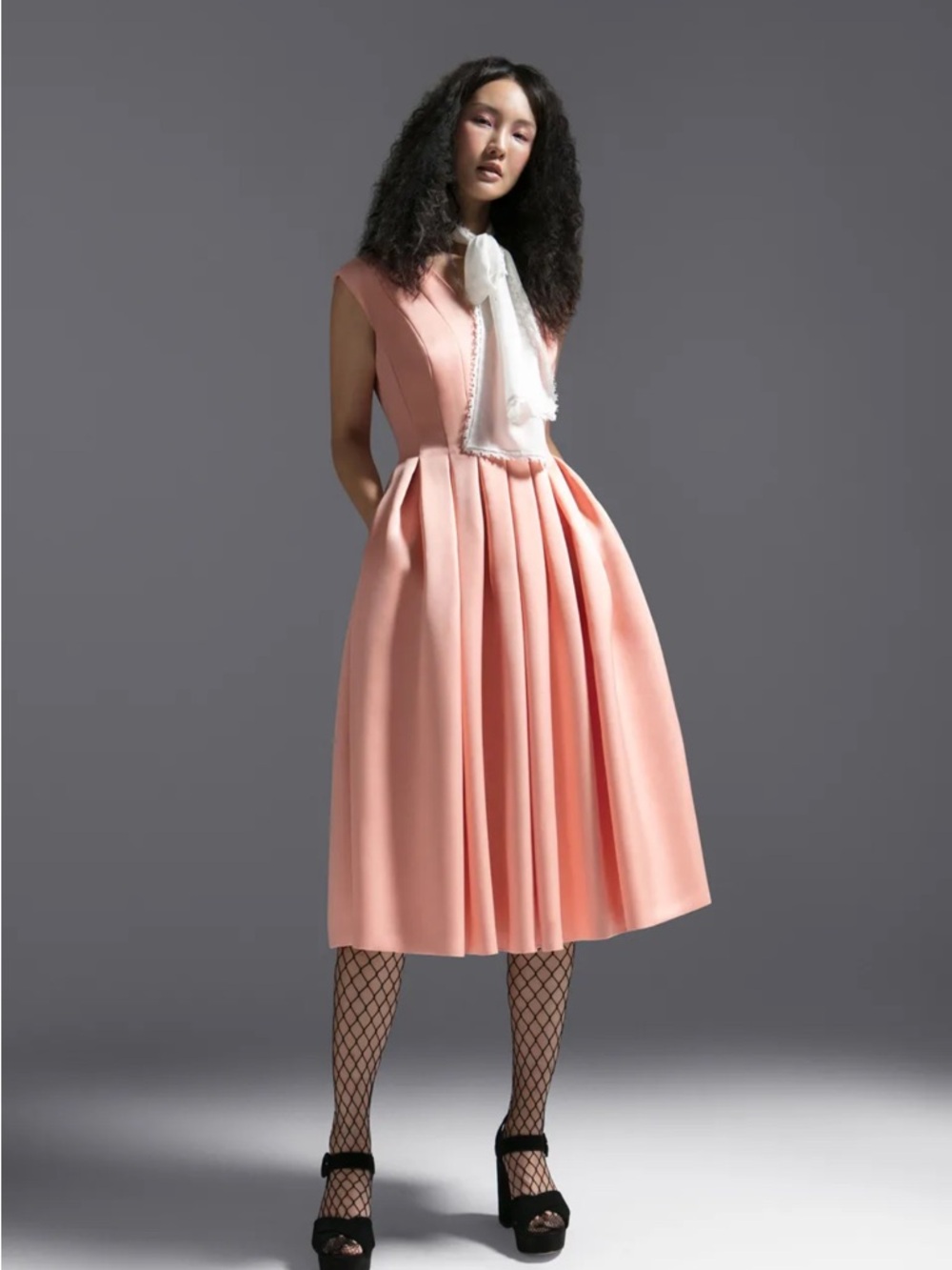 Escada Peach Pink Pleated Midi Dress with pockets